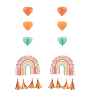 2 Boho rainbow hanging cutouts with honeycombs and tassels, hearts and rainbow party supplies, rainbow party supplies, first birthday party