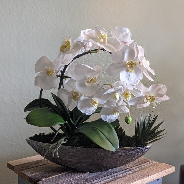 Soft touch real feel white artificial orchid arrangement, handmade present, mothers day, corporate gifts, tropical centerpiece