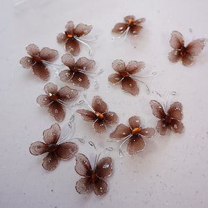 12 count 1" Brown organza butterflies, craft butterflies, small butterflies