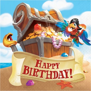 May include: A pirate parrot with a red and blue body and a black eye patch stands next to a wooden treasure chest overflowing with gold coins, jewels, and pearls. A banner with the text "Happy Birthday!" is in front of the chest.
