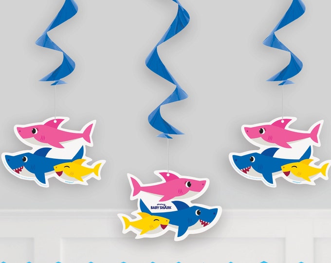 3 Baby Shark Hanging Swirl Decorations, baby Shark birthday party, baby shark birthday decorations, kid party ideas, baby first birthday