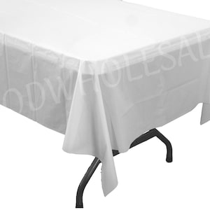 May include: White plastic tablecloth, perfect for parties and events. It is wrinkle-free and disposable, making cleanup easy.
