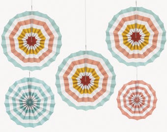 May include: Five hanging paper decorations in a fan shape. The decorations have alternating stripes of white, light blue, peach, and yellow. The center of each fan is a deep red color.