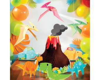 4 piece 3d dinosaur centerpiece set, t-rex, brontosaurus, stegosaurus, volcano, dinosaur birthday party, first birthday decoration, boy dino