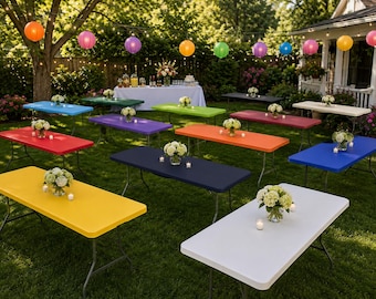 8ft rectangle Kwik covers plastic elastic fitted, huggable and stretchable tablecloths, 30x96 outdoor fitted picnic tablecloth cover