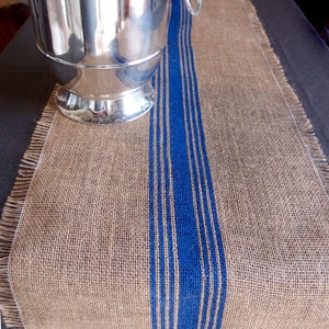 Natural Burlap table runner with Blue stripe and unfinished fringe edges. Made with 100% natural jute-burlap, rustic wedding, barn wedding