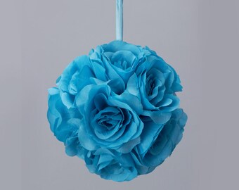 SALE! Turquoise Silk kissing pomander flower ball, silk rose flower pomander ball, silk rose ball, hanging rose ball, turquoise kissing ball