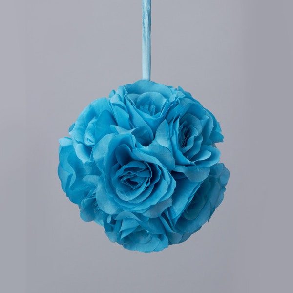 SALE! Turquoise Silk kissing pomander flower ball, silk rose flower pomander ball, silk rose ball, hanging rose ball, turquoise kissing ball