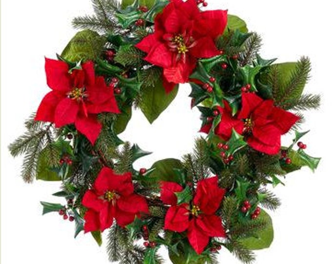 24" Velvet poinsettia and holly wreath, Christmas door wreath, Poinsettia wreath, holiday wreath, christmas poinsettia door wreath