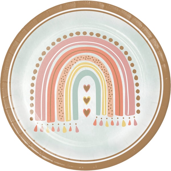 Boho rainbow 9" paper plates, hearts and rainbow plates, rainbow party supplies, first birthday party, rainbow baby, pastel rainbow plates