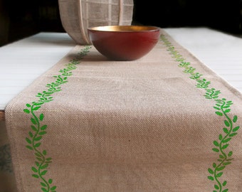 Jute cotton table runner with printed green ivy leaves, holiday table runner, thanksgiving table runner, fall runner, thanksgiving decor