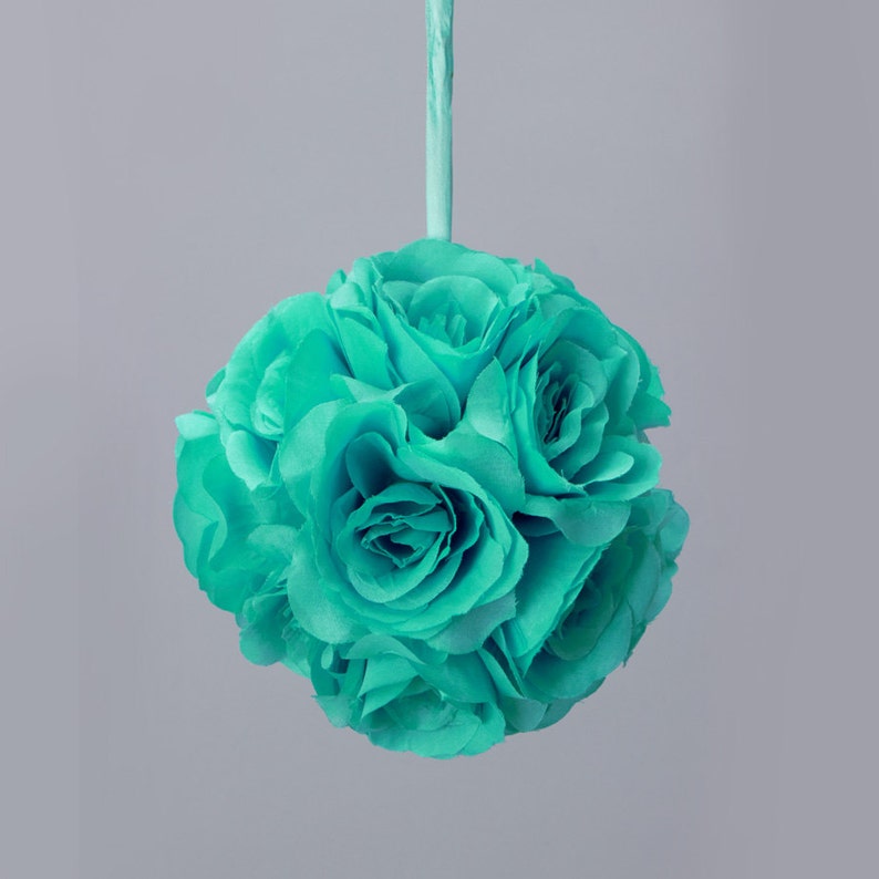 Aqua silk pomander flower balls, aqua kissing balls, pastel wedding decor, hanging flower balls image 2