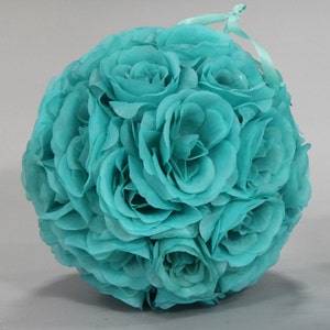 Aqua silk pomander flower balls, aqua kissing balls, pastel wedding decor, hanging flower balls image 1