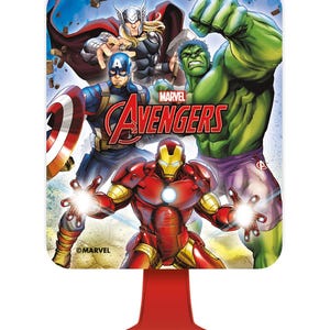 May include: Red, blue, and green party favor noisemaker with a rectangular image of Iron Man, Captain America, Thor, and Hulk. The image has the words "MARVEL AVENGERS" and "&copy;MARVEL".