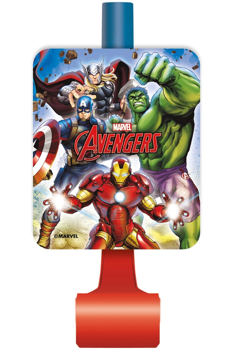 May include: Red, blue, and green party favor noisemaker with a rectangular image of Iron Man, Captain America, Thor, and Hulk. The image has the words "MARVEL AVENGERS" and "&copy;MARVEL".