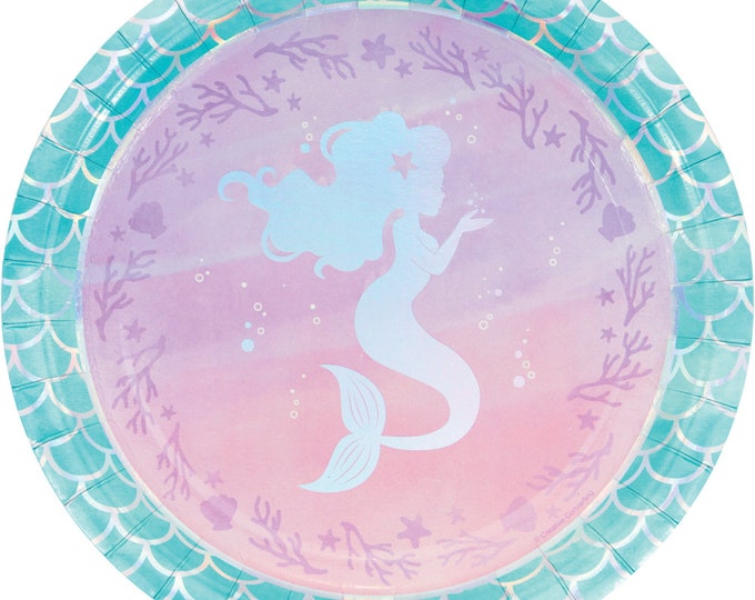 9" Mermaid plates with metallic accents, mermaid party supplies, mermaid plates, shell banner, seahorse party, Mermaid birthday