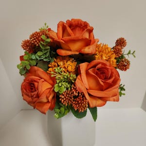 Orange Bulgarian Rose and Snow ball floral bouquet, silk flower bouquet, artificial roses, orange roses, blush flowers, wedding decor