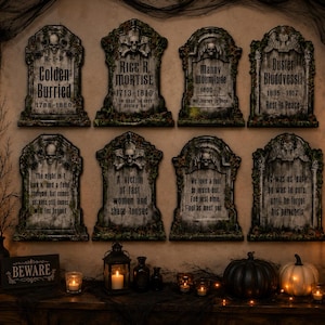 May include: Eight rectangular gray tombstone decorations with weathered textures, skull motifs, and engraved text including names like Colden Burried and Buster Bluddvessil. Each piece features mossy accents and arched tops, arranged in two rows on a wall.