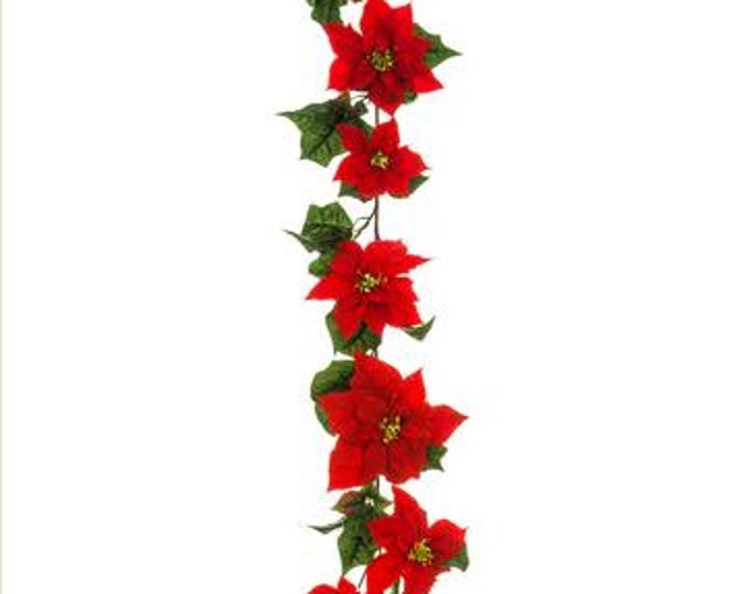 6ft Poinsettia garland, red velvet poinsettia garland, christmas garland, mantle garland decor, poinsettia christmas decor