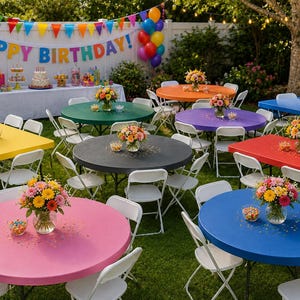 May include: An outdoor birthday party setup featuring multiple round and rectangular folding tables covered in vibrant solid-colored tablecloths including pink, yellow, green, blue, red, and purple, each with a floral centerpiece and white chairs.