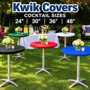 May include: Kwik Covers cocktail table covers in black, green, red, and blue. The text reads Kwik Covers COCKTAIL SIZES 24" | 30" | 36" | 48". Each round table features a central floral centerpiece and a small candle on a grassy outdoor lawn.