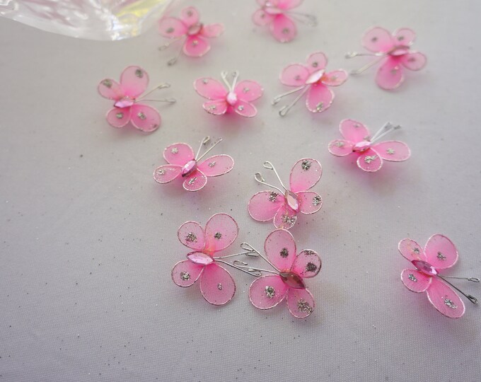 50 - 1" pink organza butterflies, craft butterflies, small butterflies, butterflies for crafting, small organza butterflies
