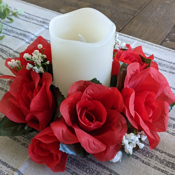 Red Silk rose candle ring, wedding centerpieces, candle ring, silk flower decor, affordable wedding decorations