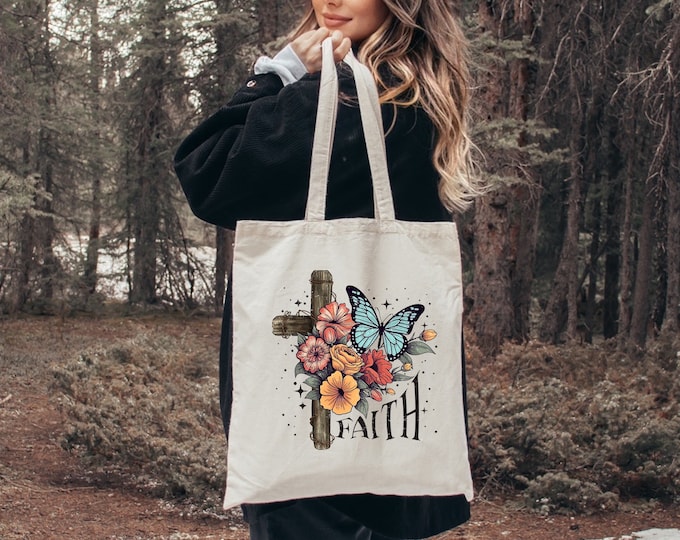 Faith, flowers and butterflies canvas tote bag, religious tote bag, christian tote bag, church book bag, tote bag, church gift, bookclub bag