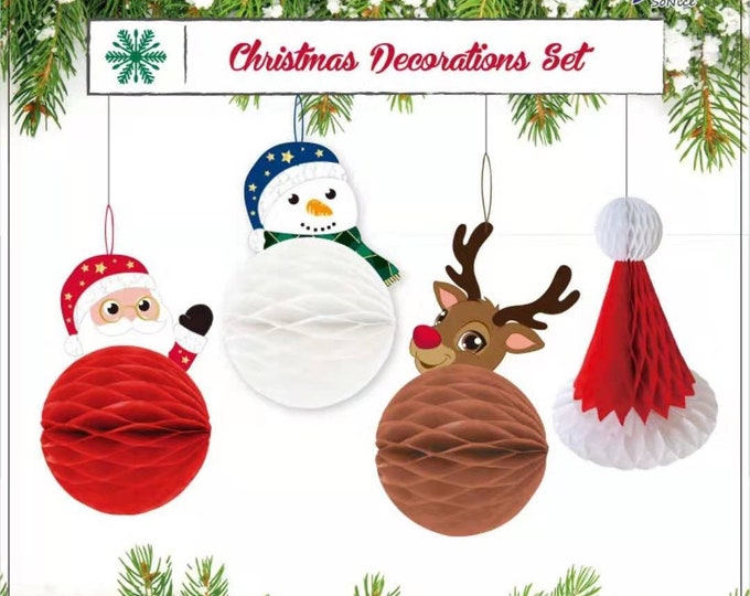 Christmas honeycomb hanging decorations, Christmas party decor, hanging honeycomb decorations, christmas santa snowman reindeer
