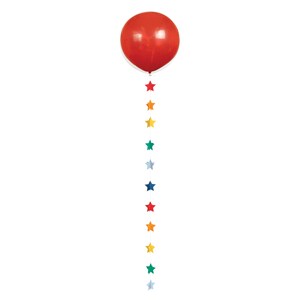 May include: A red balloon with a white base is attached to a string of colorful star-shaped decorations. The stars are in a rainbow of colors, including red, orange, yellow, green, blue, and purple. The balloon and stars are against a white background.