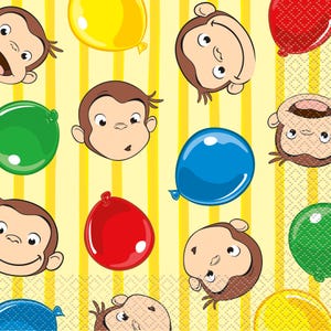 May include: A repeating pattern of Curious George's face and colorful balloons on a yellow background with vertical stripes. The balloons are red, blue, green, and yellow. The design is likely for a children's party or themed product.