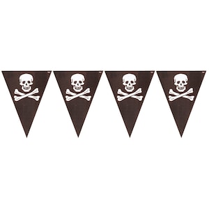 May include: A black and white pirate flag banner with four triangular flags. Each flag has a white skull and crossbones design on a black background.