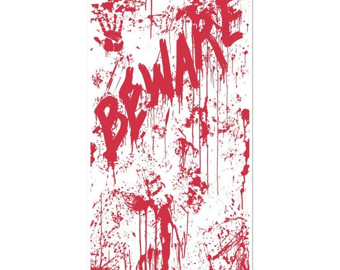 Beware bloody door cover, scary halloween decor, halloween party, scary halloween party, halloween horror, haunted house party decor