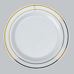 Premium heavy duty delux disposable plastic plates with metallic Gold trim, white wedding plates, plastic plates, buffet plates