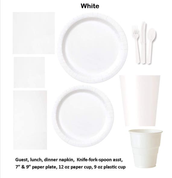 black and white paper plates and napkins