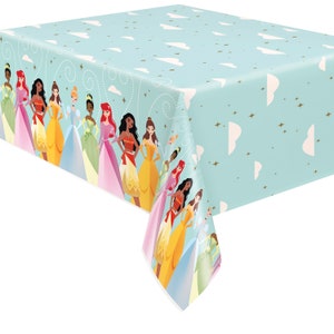 Disney princess plastic table cloth, Pretty princess birthday, princess birthday party, princess party, cinderella, belle, tiana, moana
