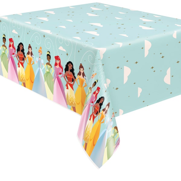 Disney princess plastic table cloth, Pretty princess birthday, princess birthday party, princess party, cinderella, belle, tiana, moana