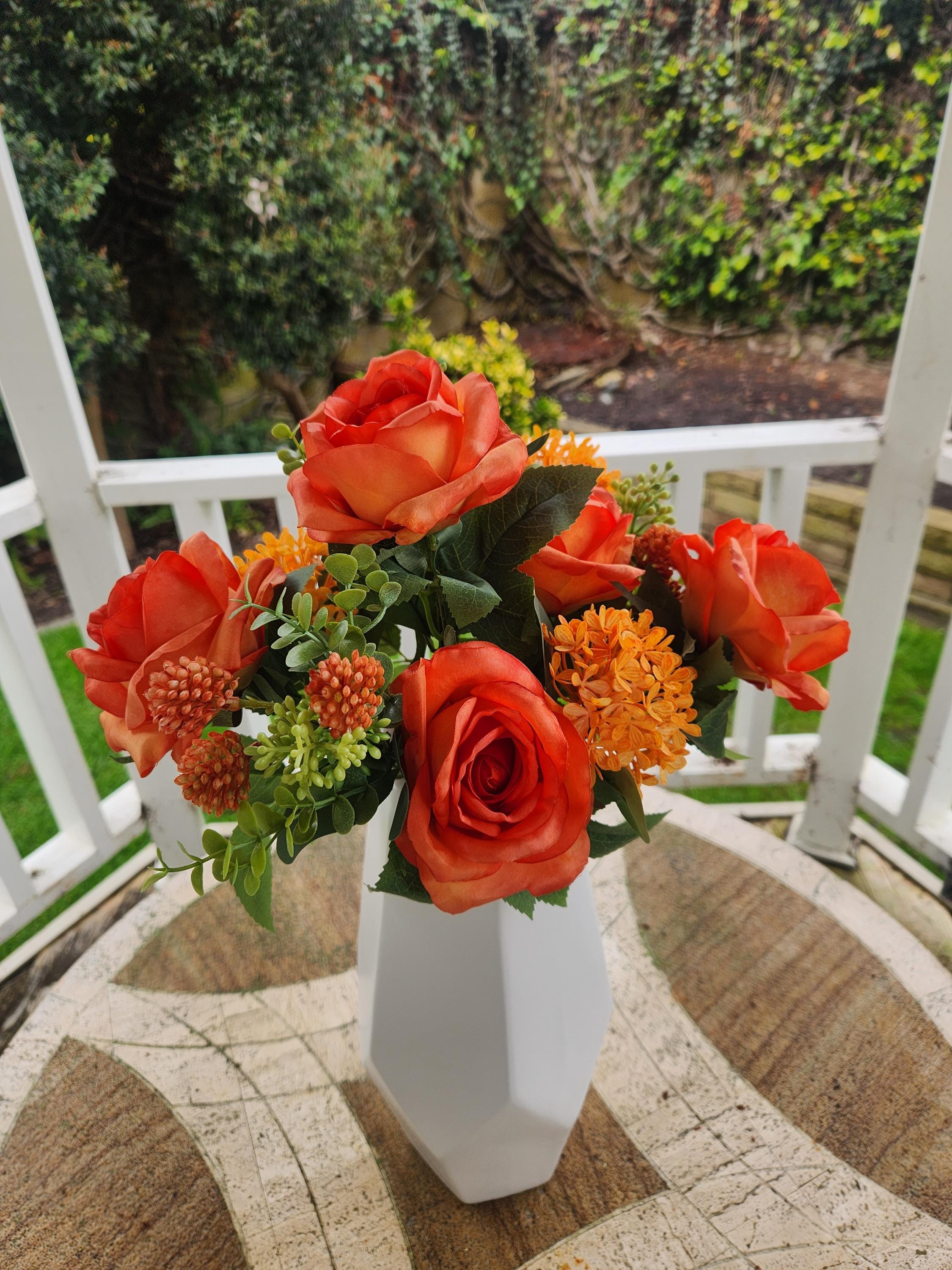 Orange Bulgarian Rose and Snow Ball Floral Bouquet, Silk Flower