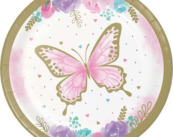 7" buttefly paper party plates, butterfly shimmer, pink and purple birthday, toddler birthday party, butterfly birthday girl party