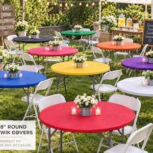 May include: A collection of 48-inch round table covers in various solid colors including red, blue, yellow, green, orange, purple, black, and white. Each cover is fitted onto a round folding table with white folding chairs and a floral centerpiece.