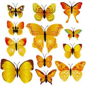 12 yellow plastic craft butterflies, craft butterflies, butterflies for flowers, butterfly birthday, monarch butterflies, butterfly favors