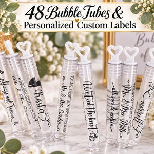Wedding Bubbles with Heart Stopper, Personalized Labels, 48ct Send-Off Favors