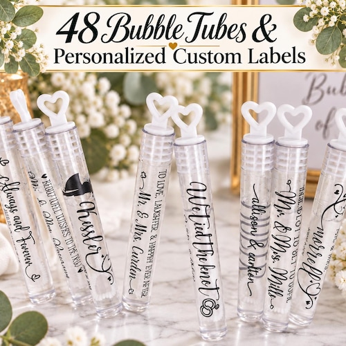 Wedding Bubbles with Heart Stopper, Personalized Labels, 48ct Send-Off Favors