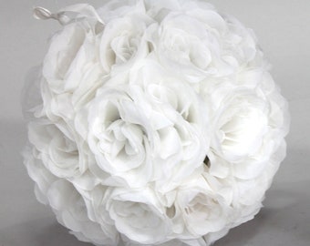 White Silk kissing pomander flower ball, silk rose flower pomander ball, silk rose ball, hanging rose ball, White kissing ball