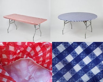 Gingham Kwik covers plastic fitted stretchable tablecloths, checker tablecloth, elastic tablecloths, Italian tablecloths, picnic tablecloth
