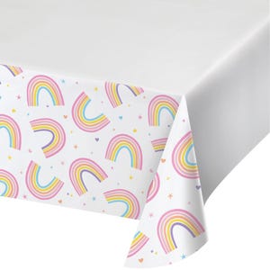 Happy rainbow plastic tablecloth, hearts and rainbow, rainbow party supplies, first birthday party, rainbow baby, pastel rainbow