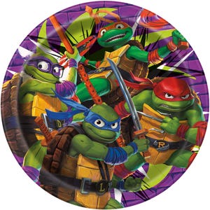 May include: Four Teenage Mutant Ninja Turtles characters are featured on a purple and green paper plate. The turtles are wearing their signature bandanas and are holding their weapons. The plate has a brick wall pattern and the text "2012 Viacom International Inc."