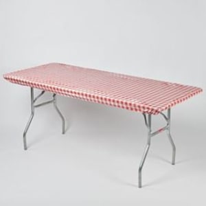 May include: Red and white checkered tablecloth for a rectangular table. The tablecloth is made of plastic and is perfect for protecting your table from spills and stains.