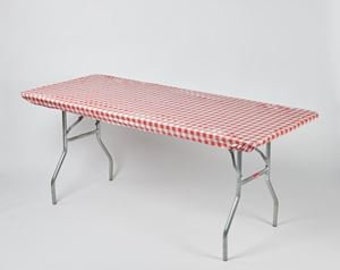 Gingham Kwik covers plastic fitted stretchable tablecloths, checker tablecloth, elastic tablecloths, Italian tablecloths, picnic tablecloth