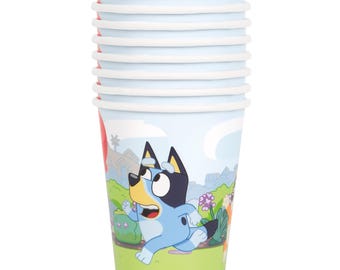 Vasos de papel para fiestas Bluey, paquete de 8 unidades, artículos de cumpleaños con licencia oficial.
